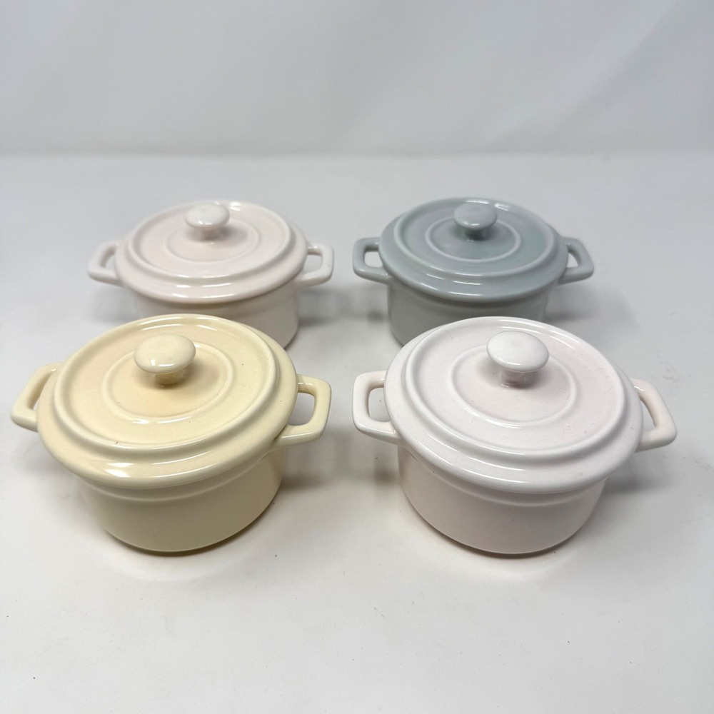 4 Ciroa Mini Ceramic Cocotte Ramekins & Lids Pastel Stoneware Baking Dishes
